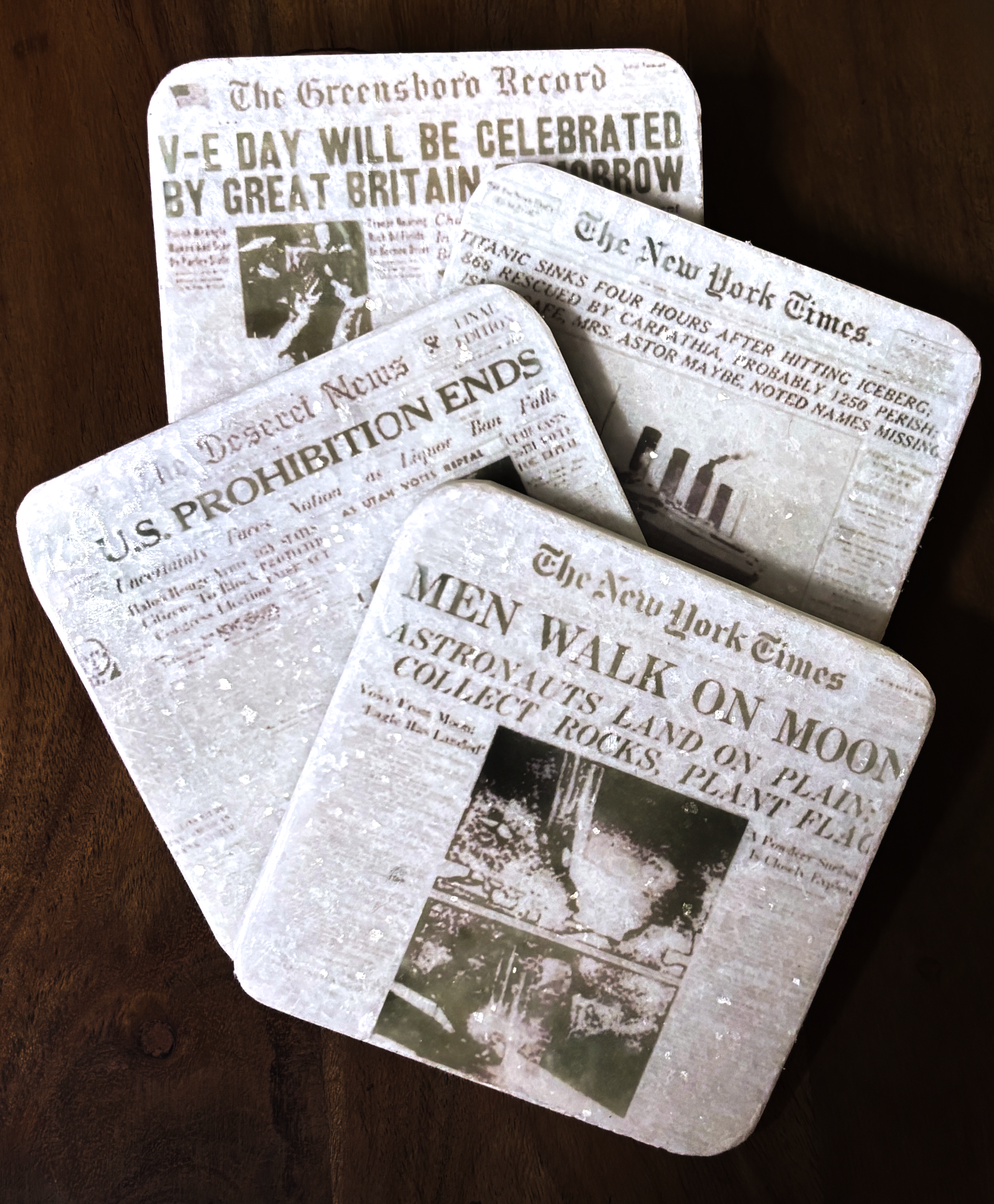 Vintage Headlines Marble Coaster Set (4-Piece)