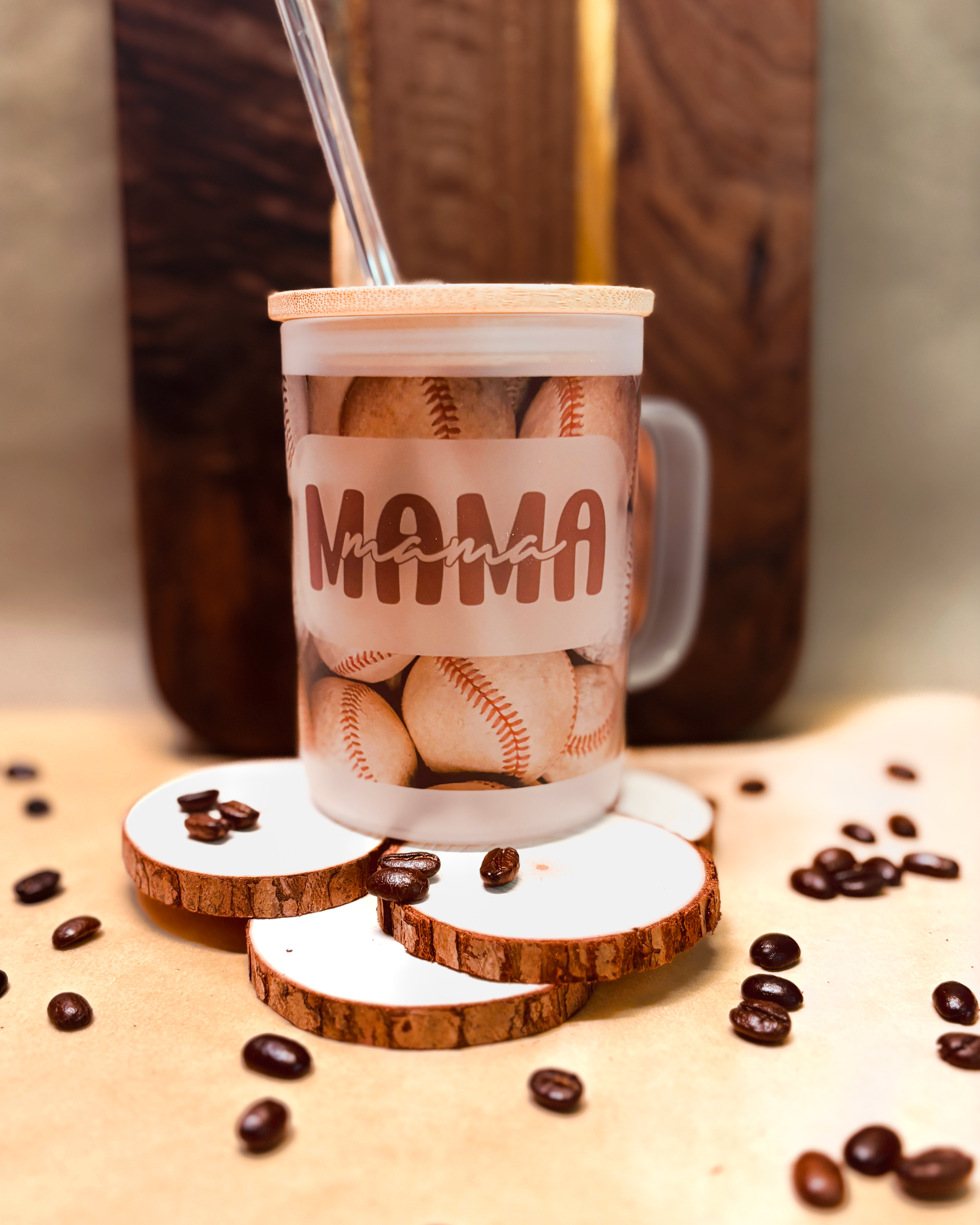 Baseball Mama - 16oz Frosted Mug with Bamboo Lid & Glass Straw