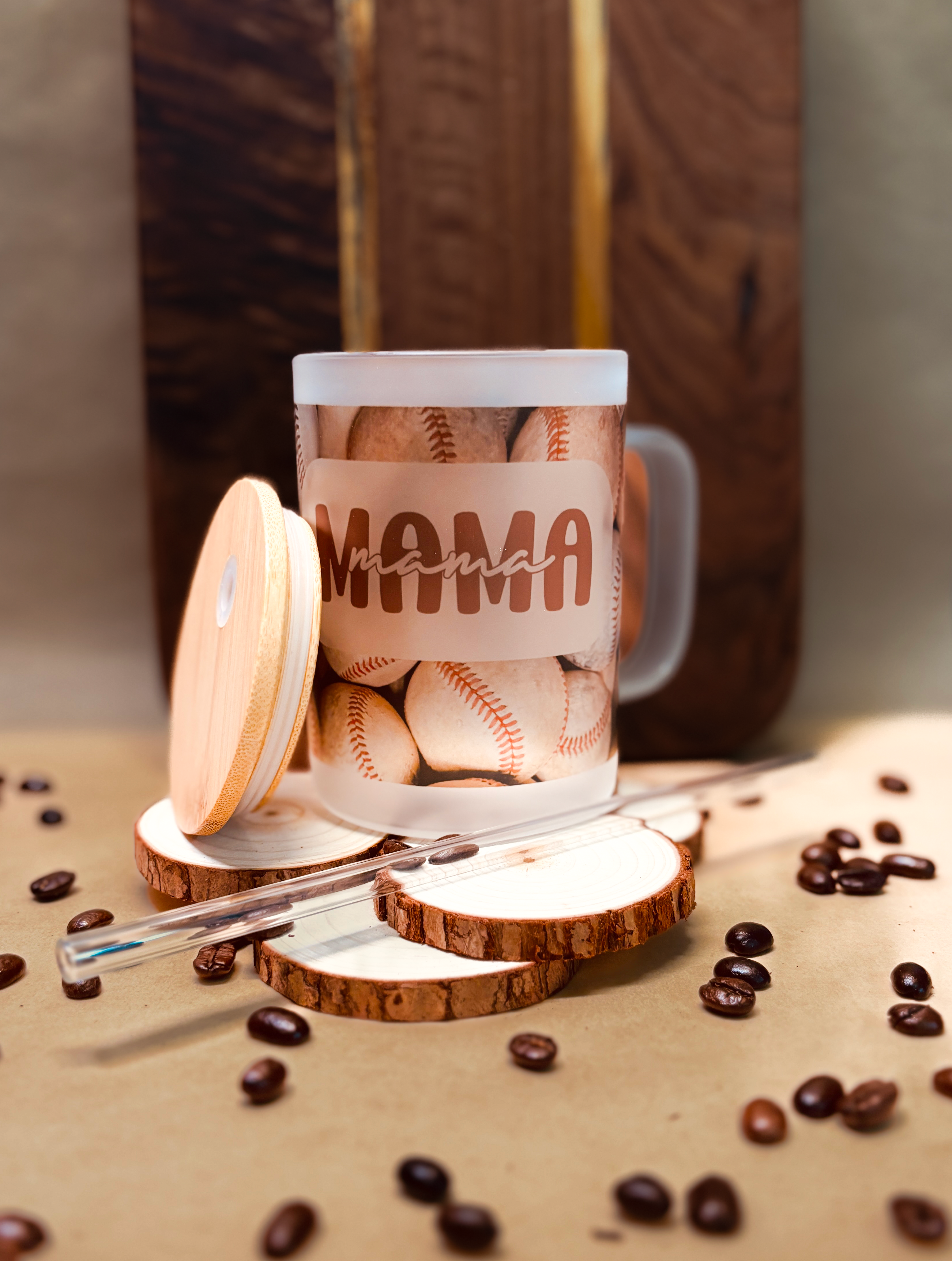 Baseball Mama - 16oz Frosted Mug with Bamboo Lid & Glass Straw