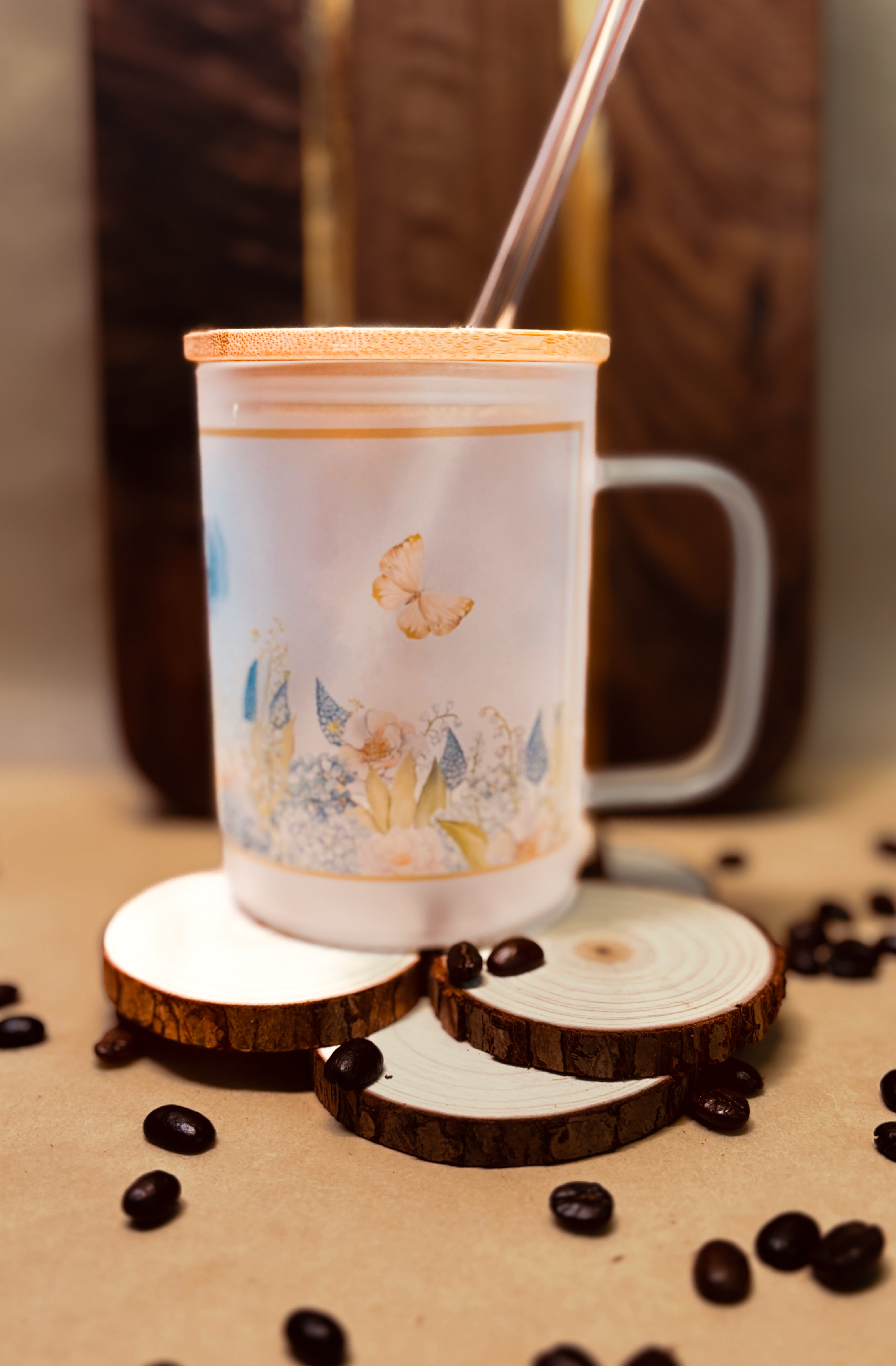 Floral Butterfly Glass Can – 16oz Frosted Tumbler with Bamboo Lid & Glass Straw