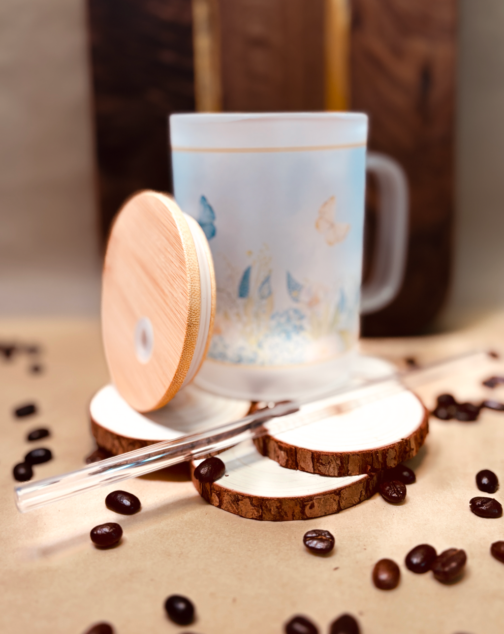 Floral Butterfly Glass Can – 16oz Frosted Tumbler with Bamboo Lid & Glass Straw