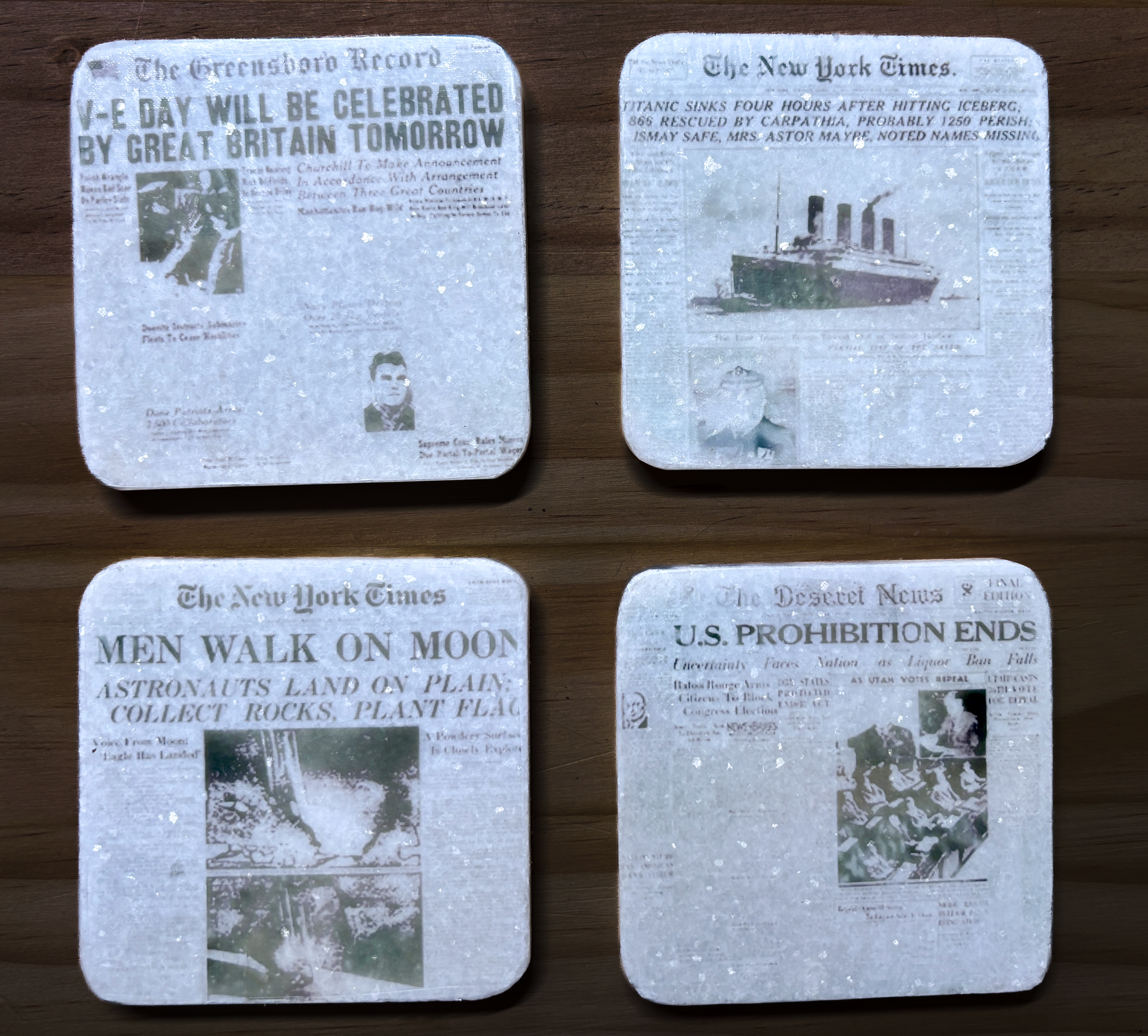 Vintage Headlines Marble Coaster Set (4-Piece)