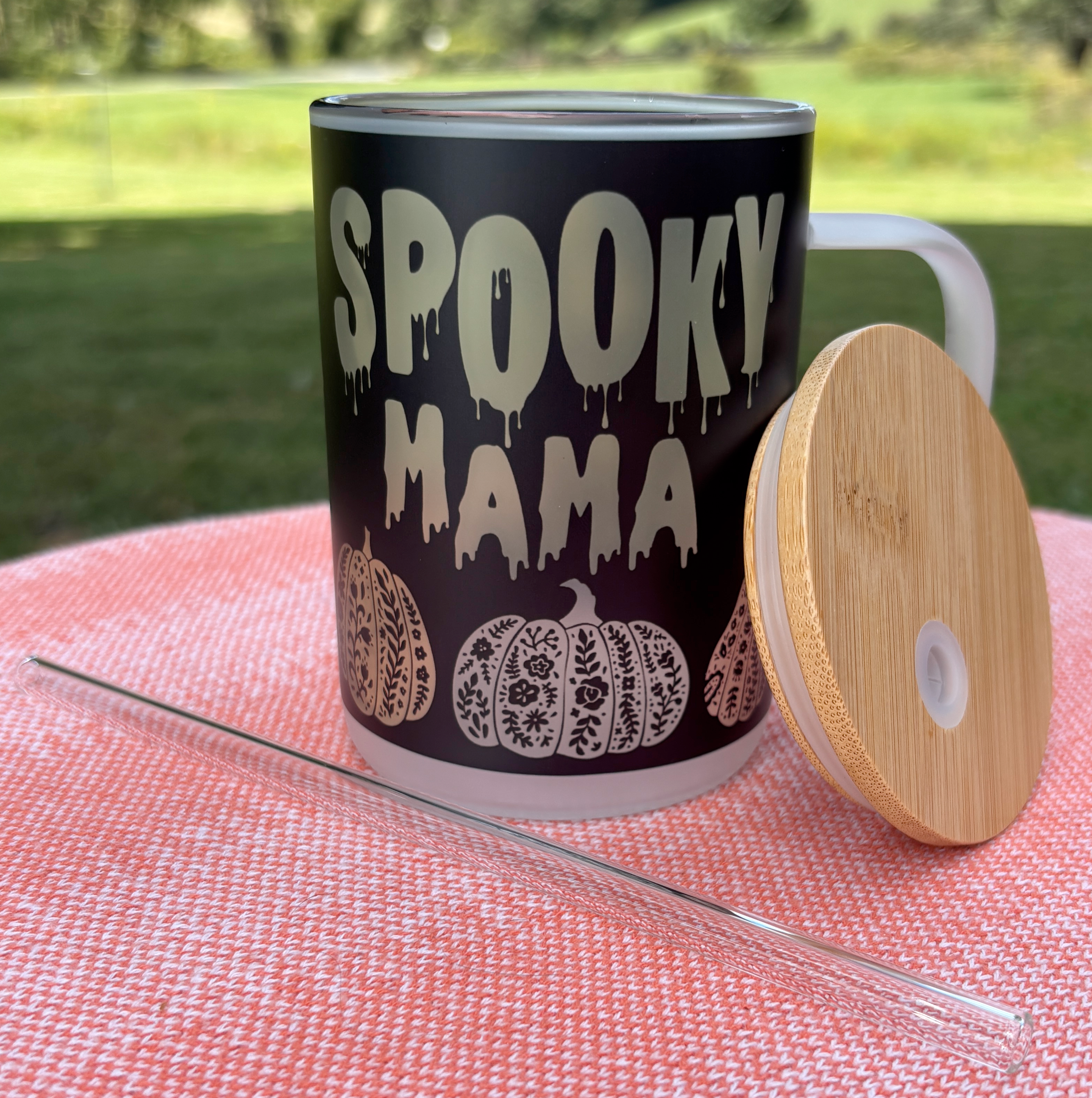 Spooky Mama Glass Can – 16oz with Bamboo Lid & Glass Straw