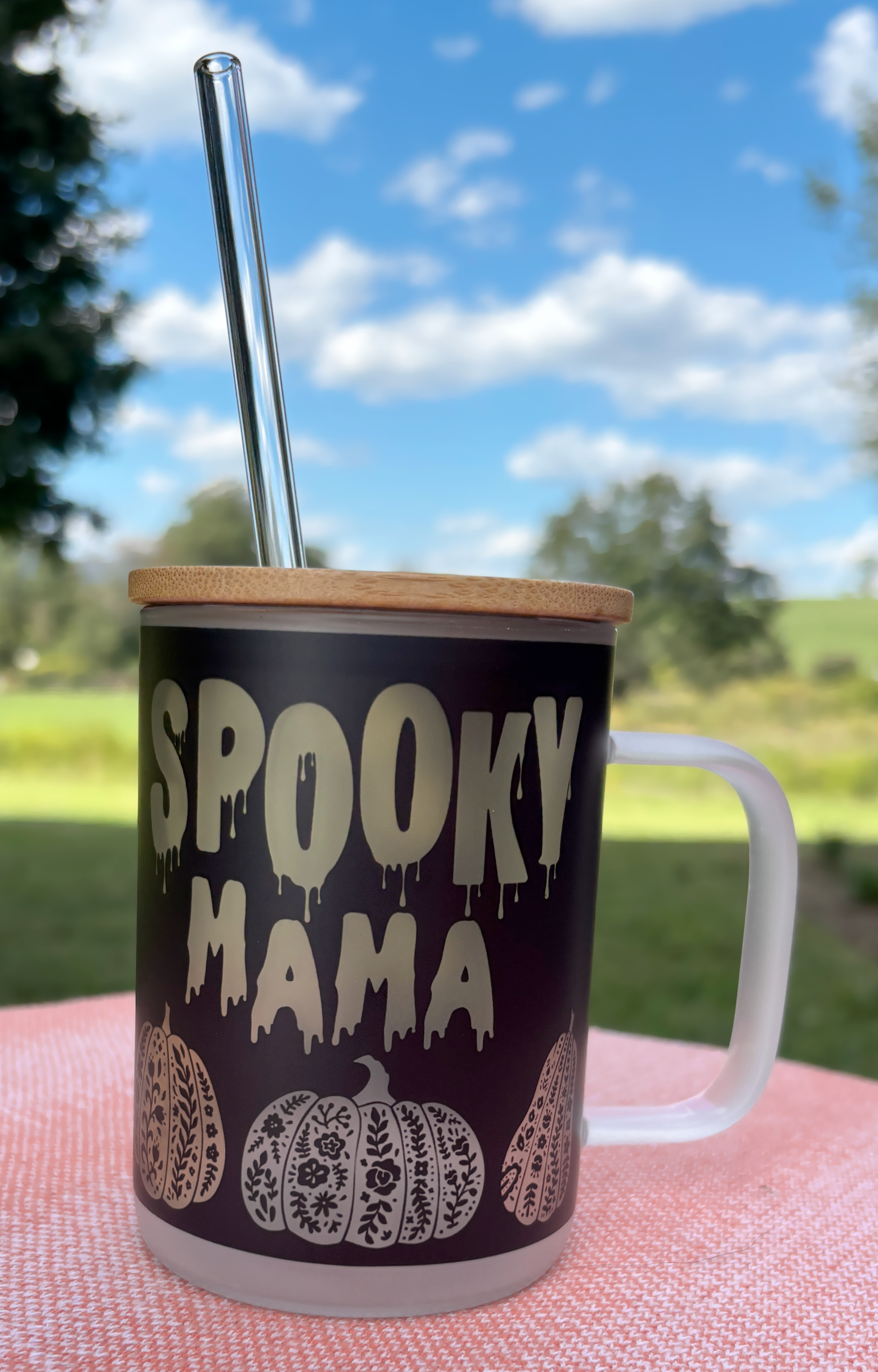 Spooky Mama Glass Can – 16oz with Bamboo Lid & Glass Straw